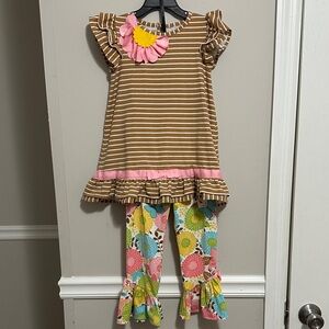 NWOT Brown Striped Dress w/ Floral Pants Set & stunning 🎀 details & ruffles 5yo